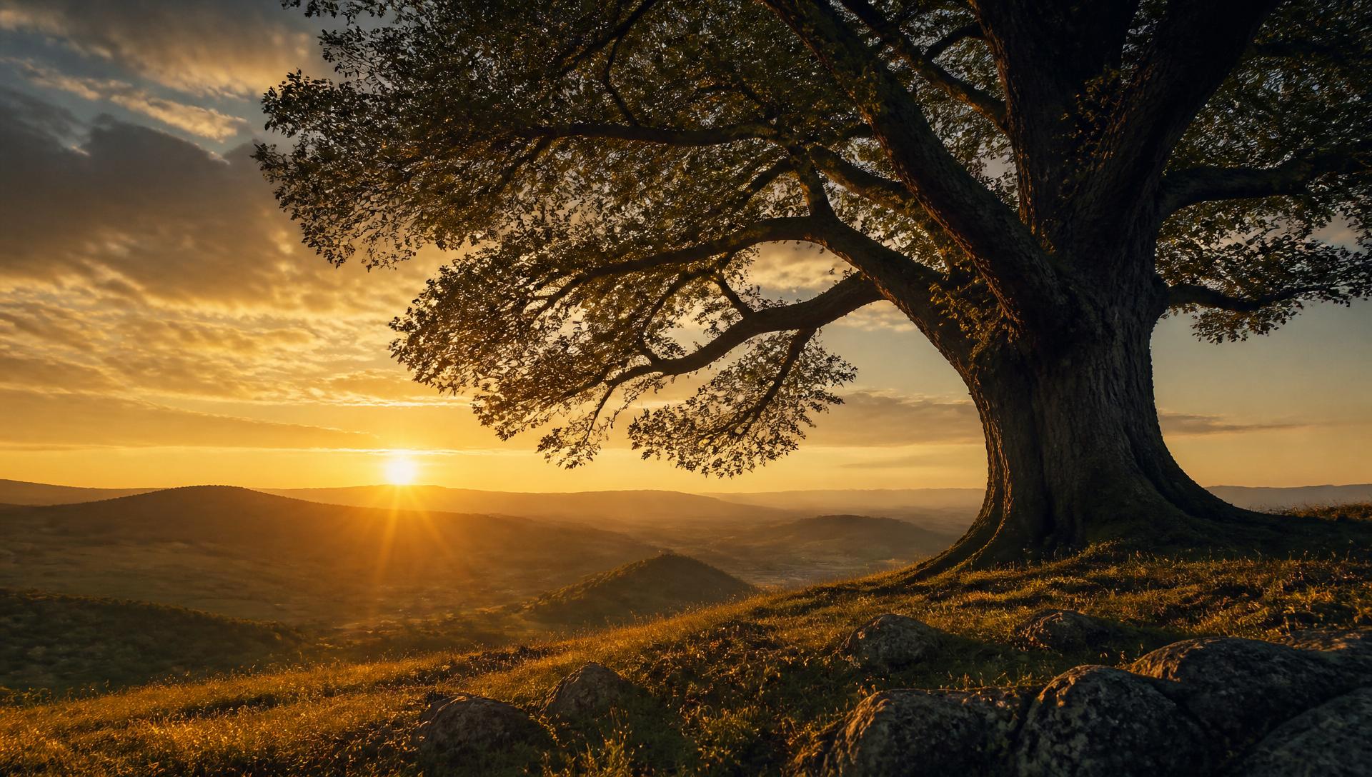 Carvalho centenário ao pôr do sol
